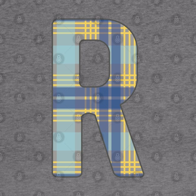 Monogram Letter R, Blue, Yellow and Grey Scottish Tartan Style Typography Design by MacPean